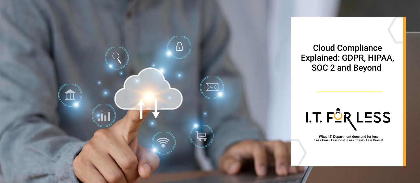 Touching cloud icon with compliance symbols (GDPR, HIPAA, SOC 2).
