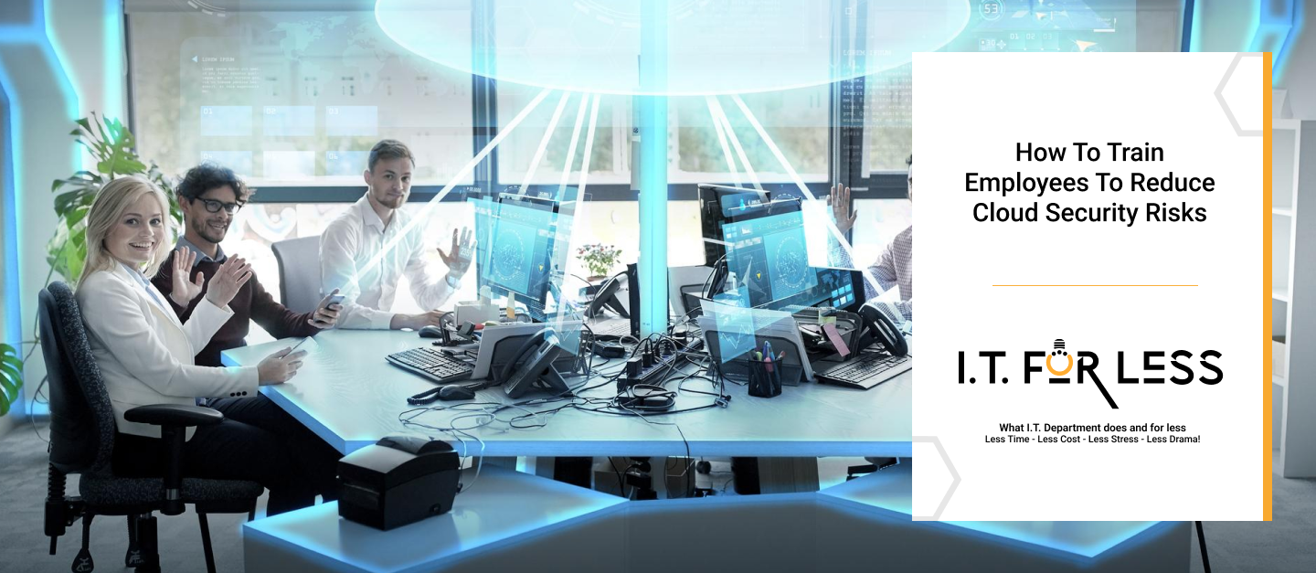 Team in tech office with cloud security training ad.